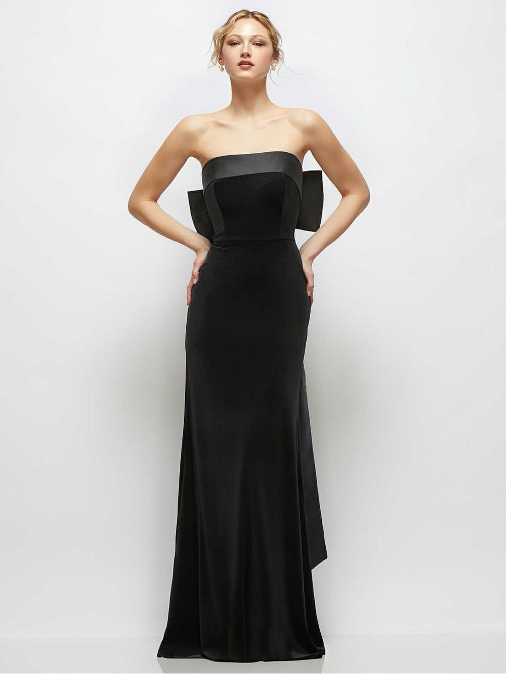Strapless Black Velvet Evening Gown with Satin Bow Back Detail